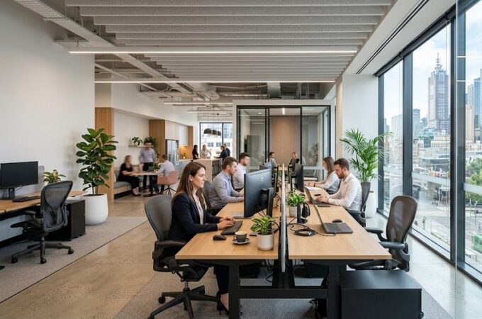 Modern furniture setup for a commercial office fit out with ergonomic desks and collaborative workspace design