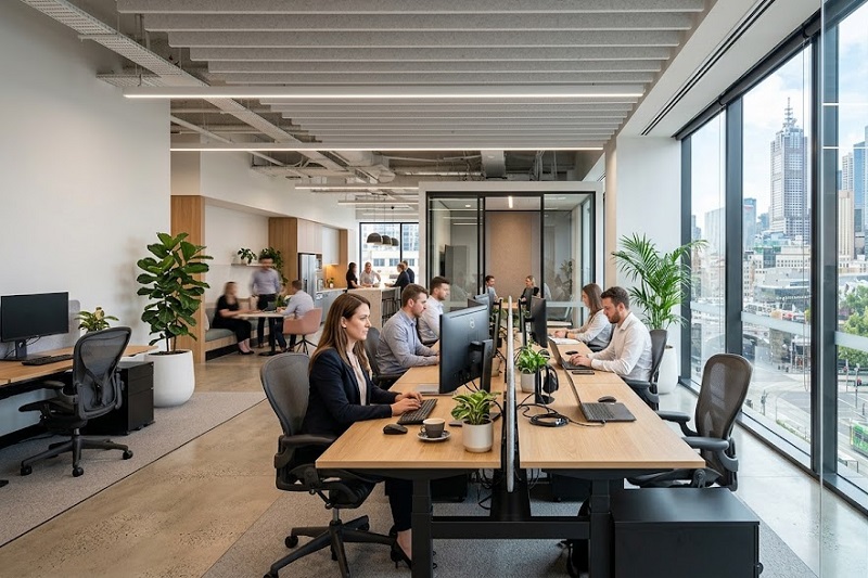 Modern furniture setup for a commercial office fit out with ergonomic desks and collaborative workspace design