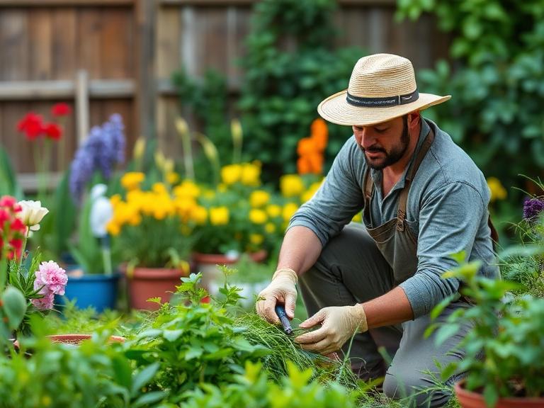 Professional gardener maintaining a residential garden while trimming plants and caring for a landscaped property