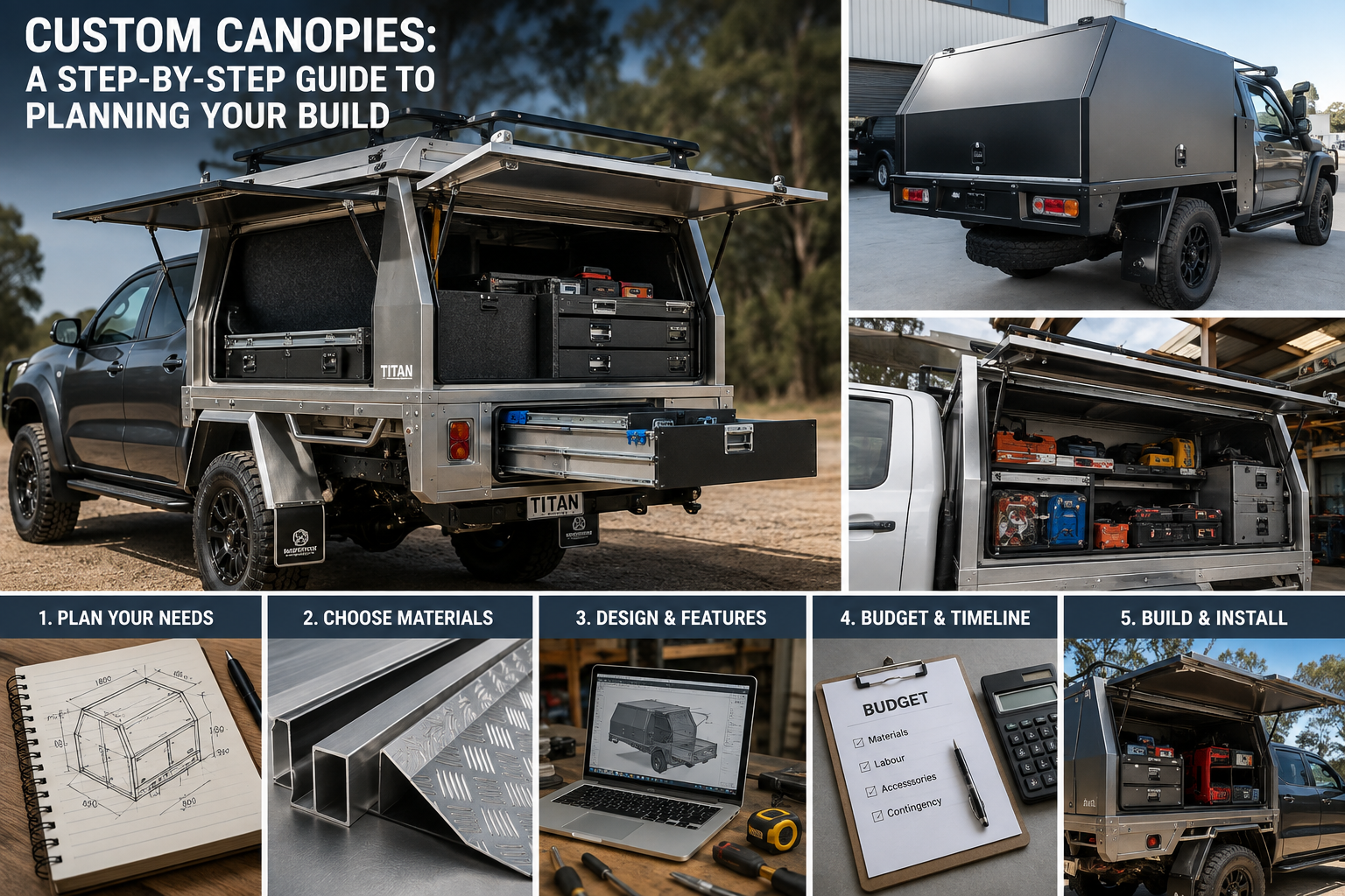 Custom aluminium canopy installed on a ute with organized storage compartments